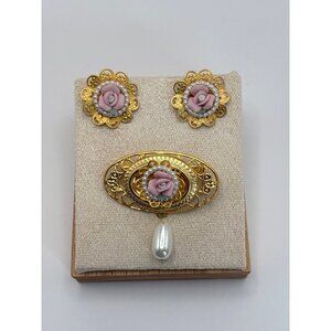 Gold Tone Filigree Victorian Style Brooch & Earrings Faux Pearls Porcelain Rose